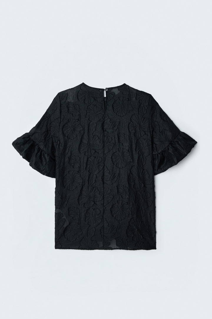 Sateen Blouse à manches courtes texturée - Noir