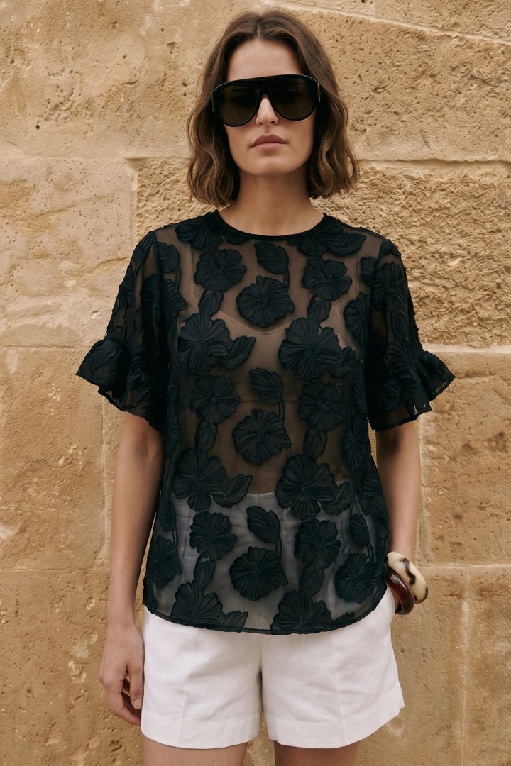 Sateen Blouse à manches courtes texturée - Noir