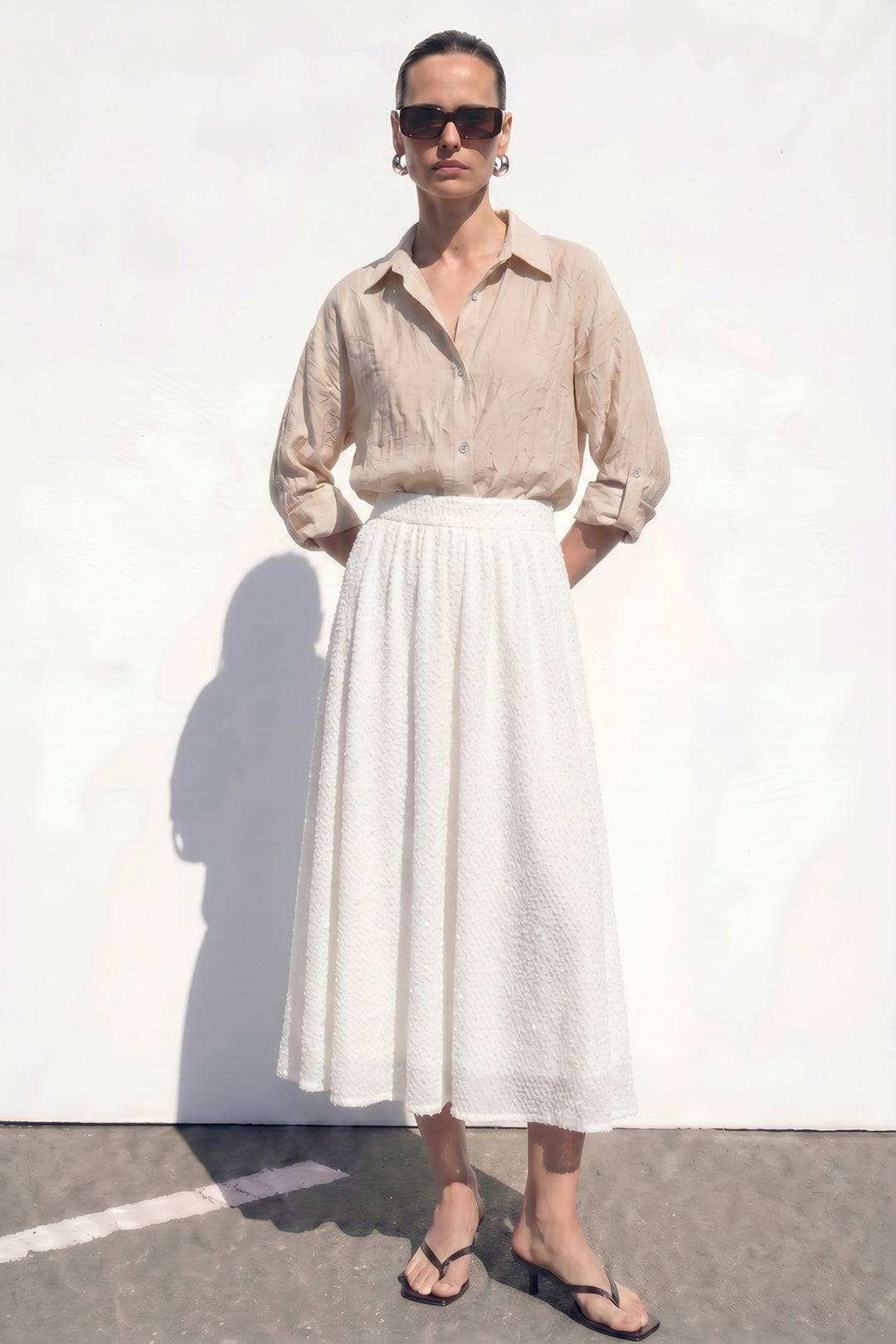 Sateen Jupe Évasée Texturée - Écru