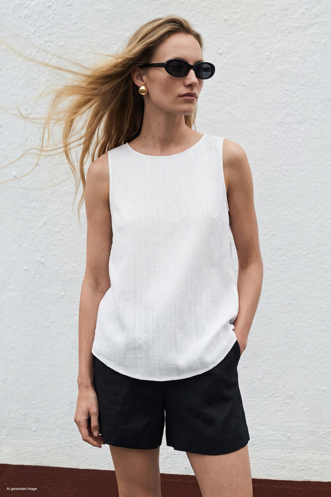 Sateen Blouse sans manches texturée - Écru