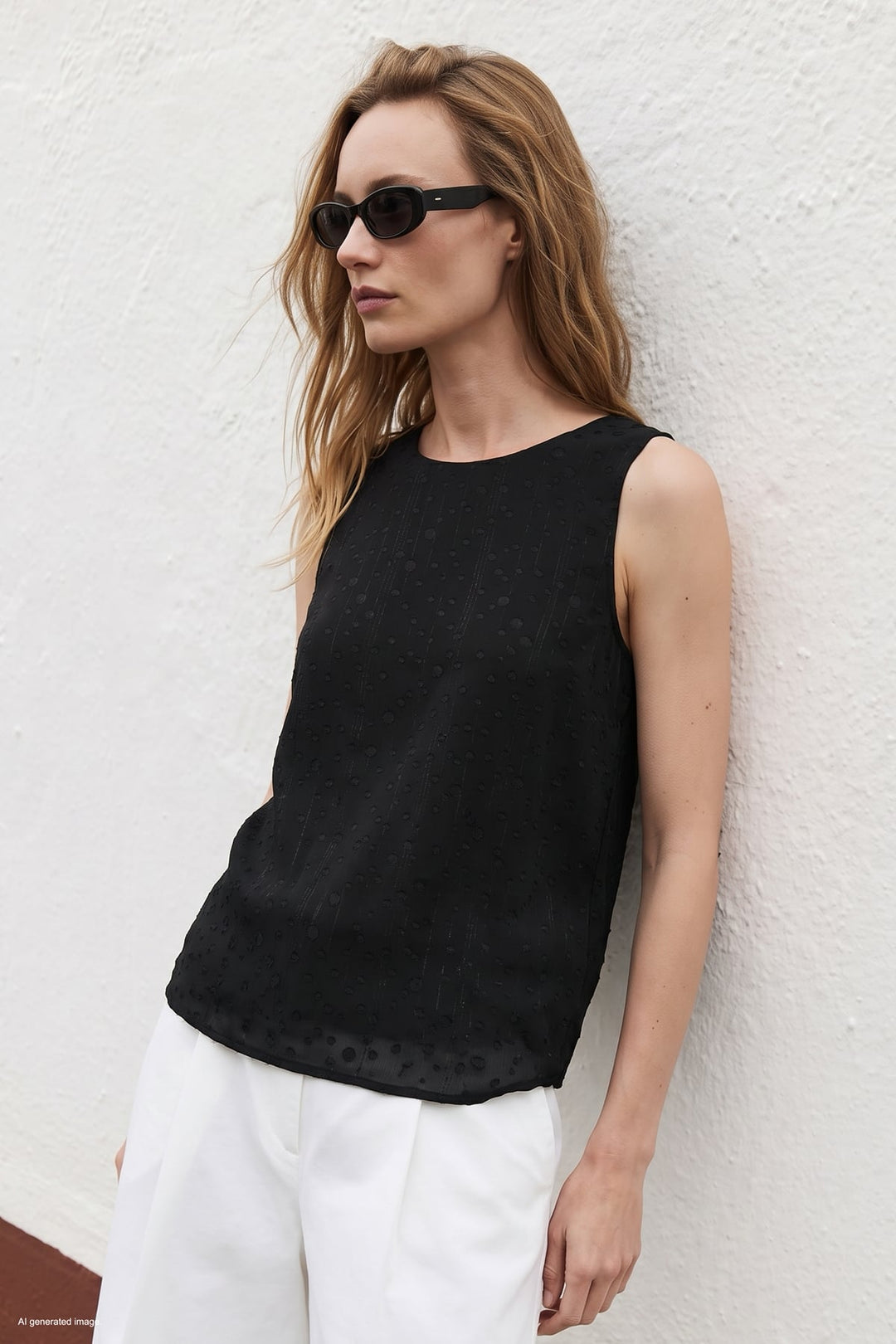 Sateen Blouse sans manches texturée - Noir