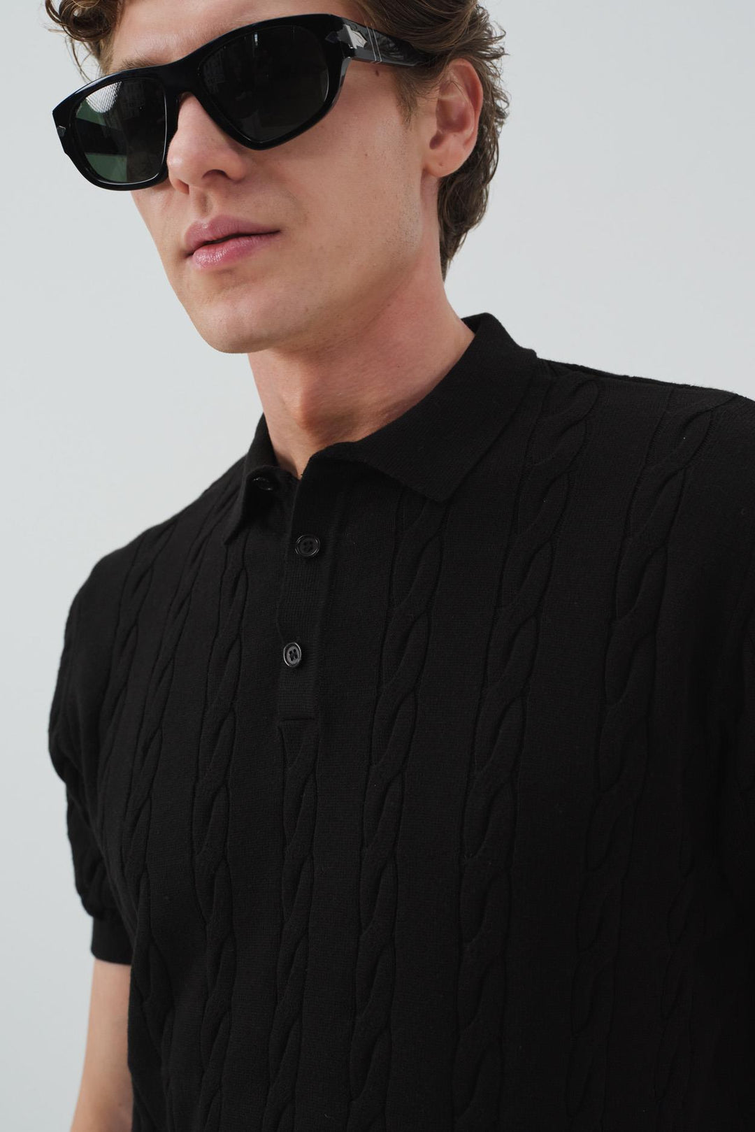 Giesto T-shirt en tricot à col polo noir avec motif texturé - Noir