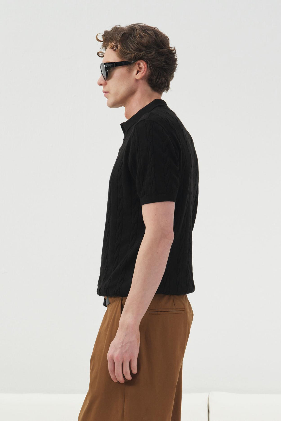 Giesto T-shirt en tricot à col polo noir avec motif texturé - Noir