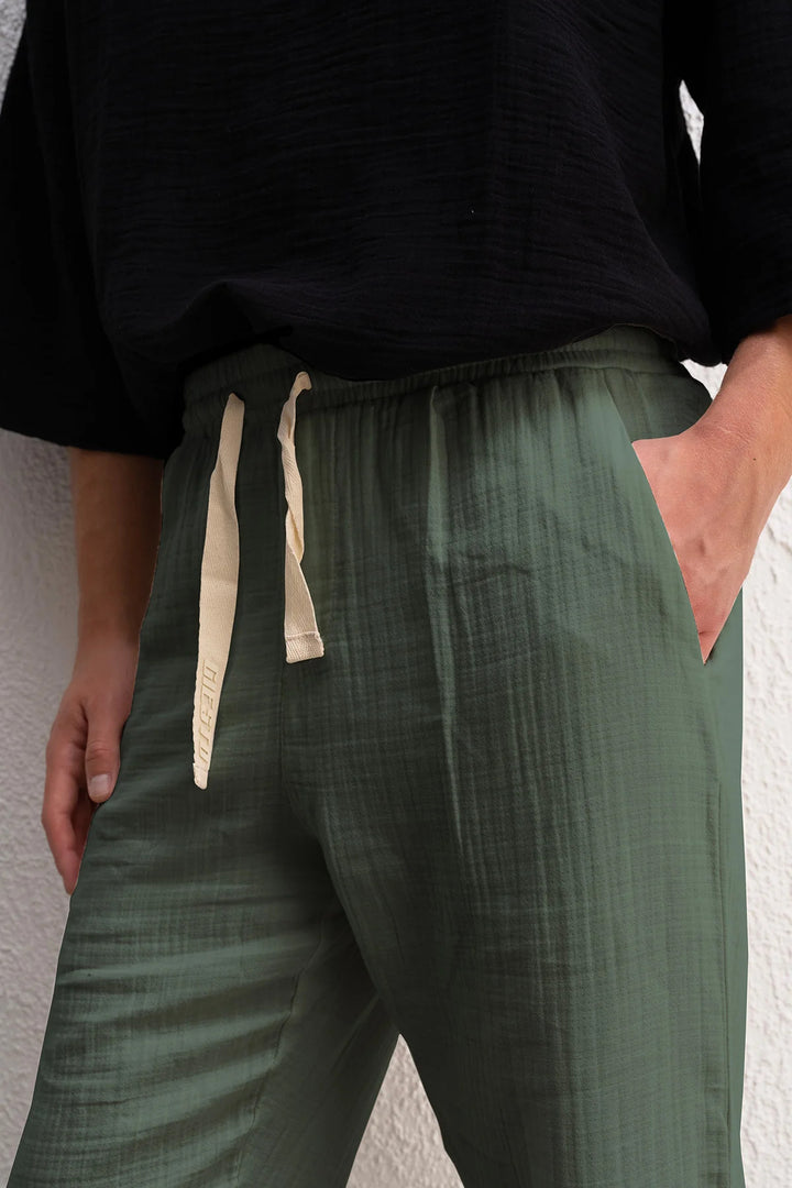 Giesto Pantalon Haki Fluide avec Détail de Lacet - Kaki