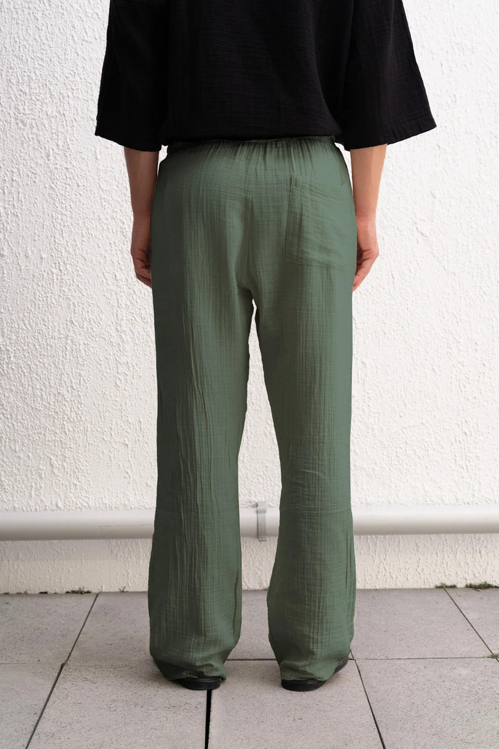 Giesto Pantalon Haki Fluide avec Détail de Lacet - Kaki