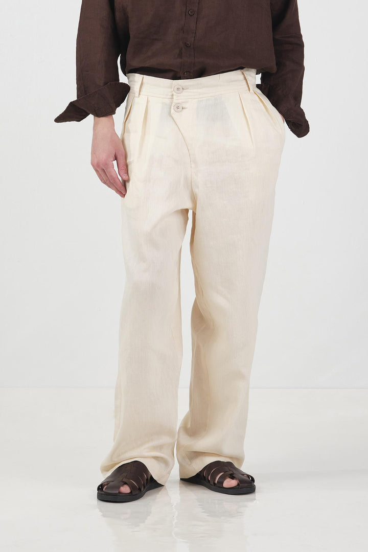 Giesto Pantalon en lin beige à double bouton tombant - Beige