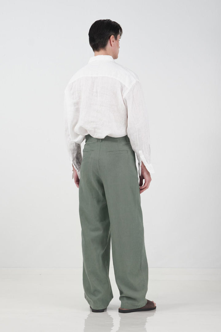 Giesto Pantalon en lin kaki à double bouton tombant - Kaki