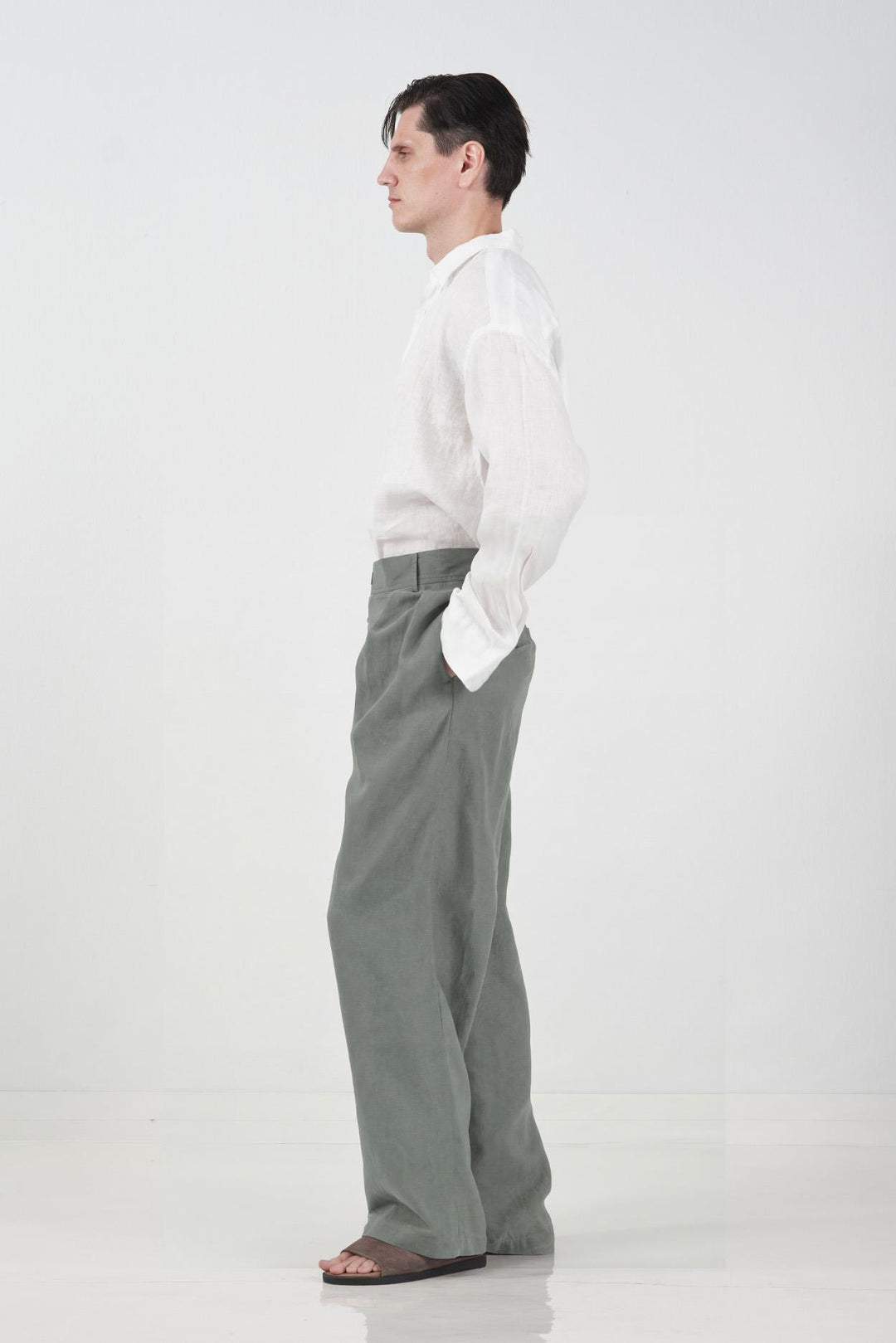 Giesto Pantalon en lin kaki à double bouton tombant - Kaki