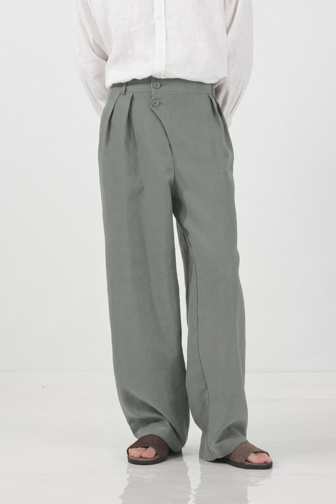 Giesto Pantalon en lin kaki à double bouton tombant - Kaki