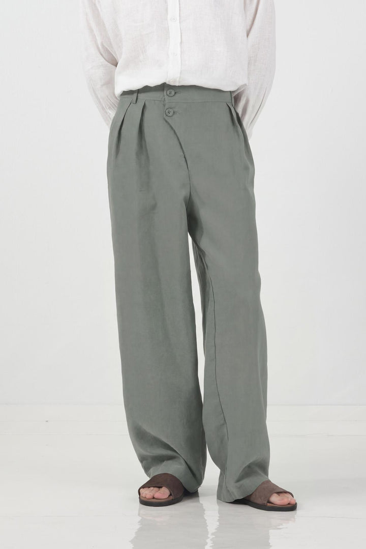 Giesto Pantalon en lin kaki à double bouton tombant - Kaki