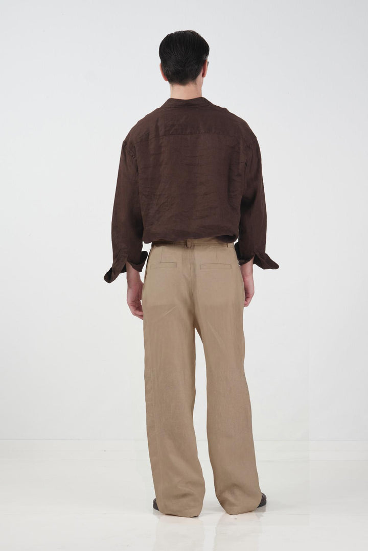 Giesto Pantalon en lin tabac à double bouton tombant - Tabac