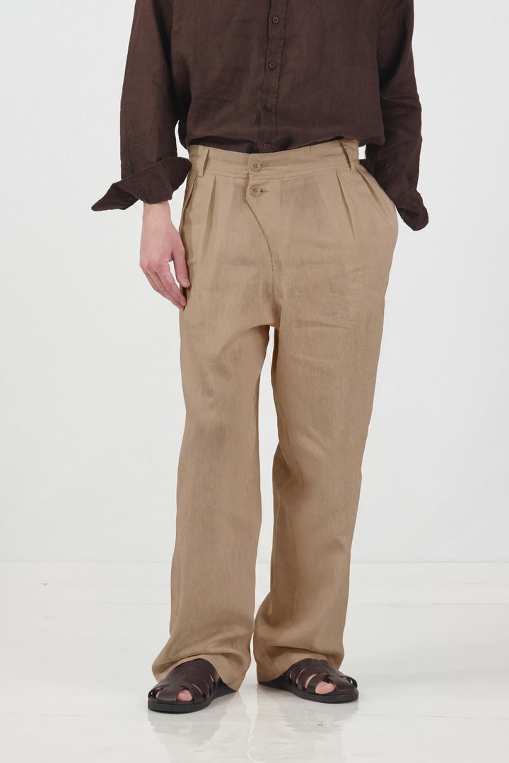 Giesto Pantalon en lin tabac à double bouton tombant - Tabac