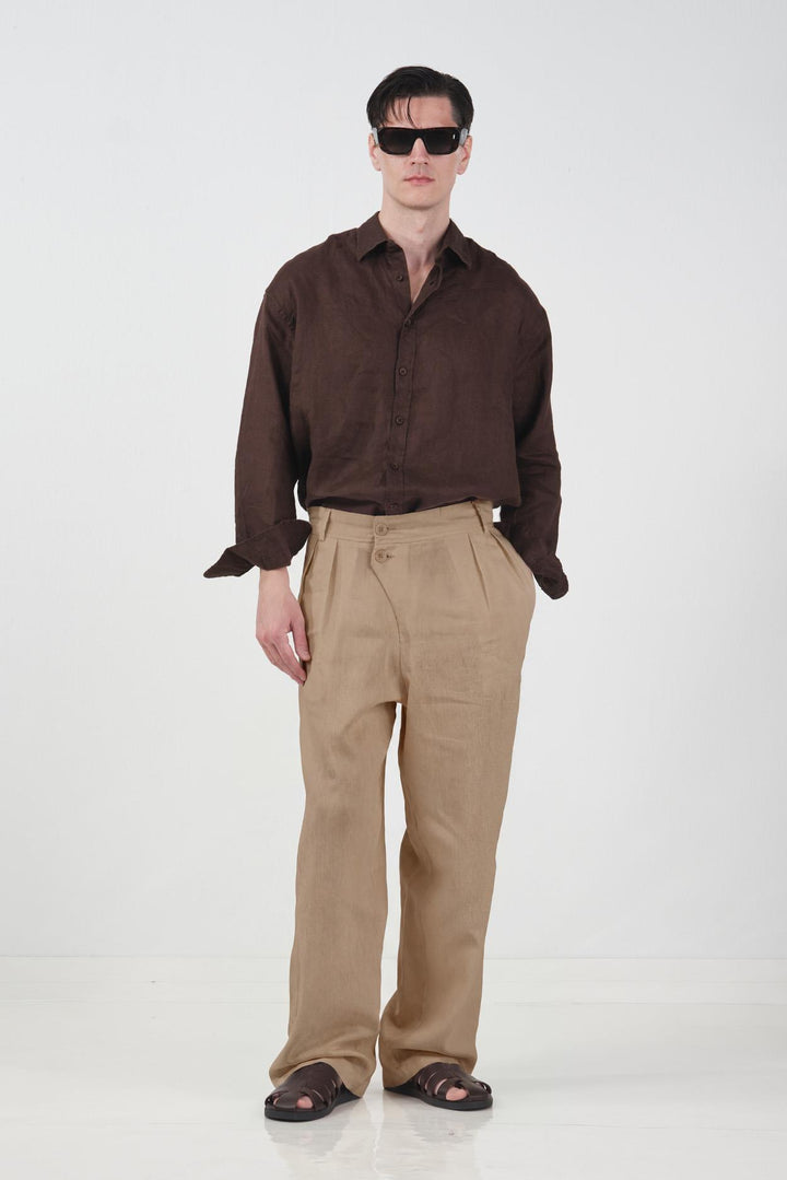 Giesto Pantalon en lin tabac à double bouton tombant - Tabac