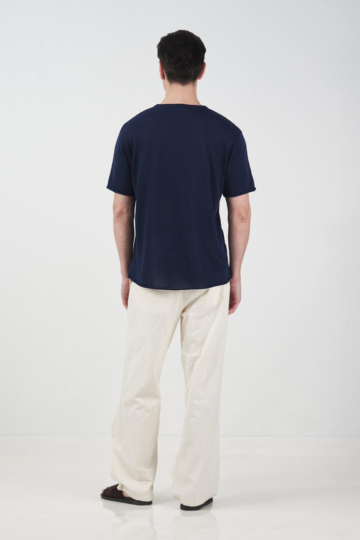 Giesto T-shirt en tricot en lin bleu marine décontracté - Bleu marine