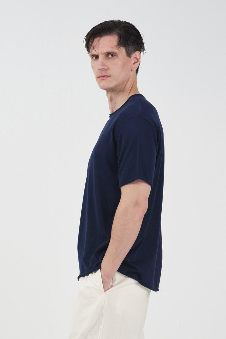 Giesto T-shirt en tricot en lin bleu marine décontracté - Bleu marine