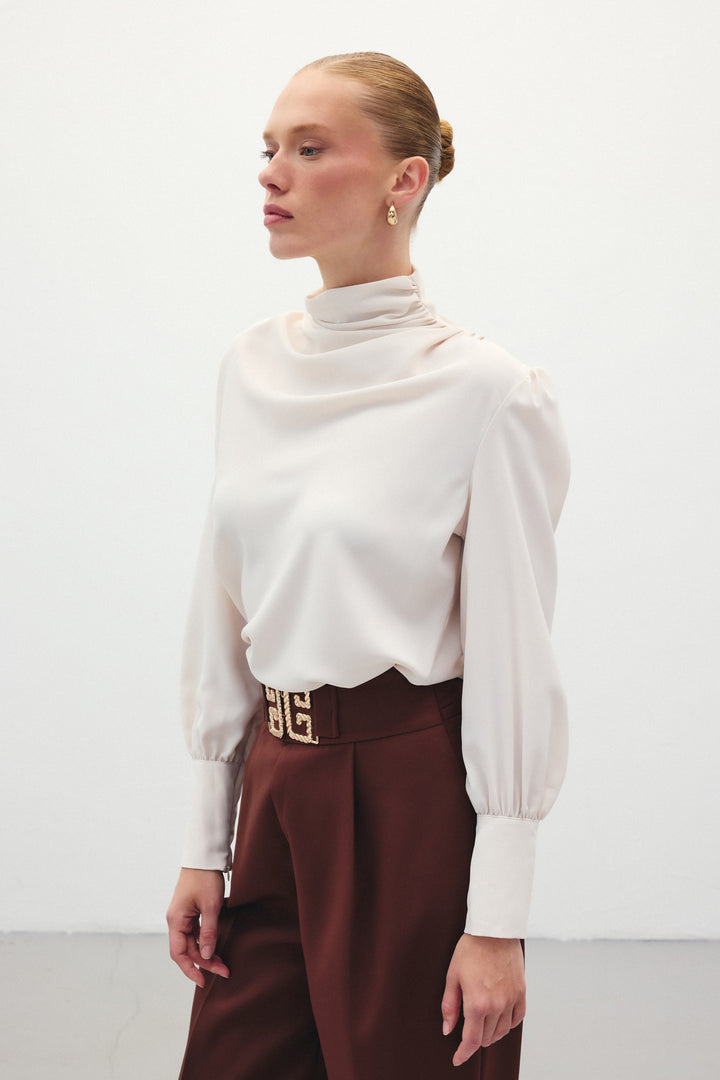 Sateen Blouse avec détails drapés - Beige