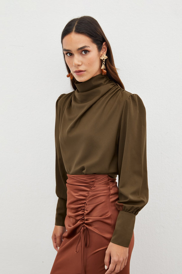 Sateen Blouse avec Détails Drapés - Marron