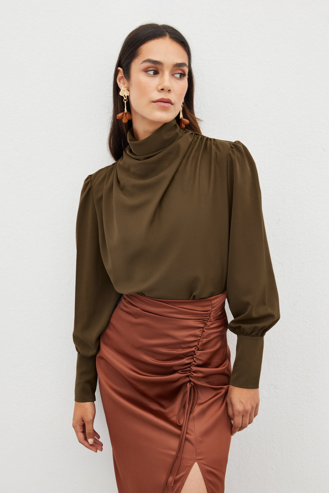 Sateen Blouse avec Détails Drapés - Marron