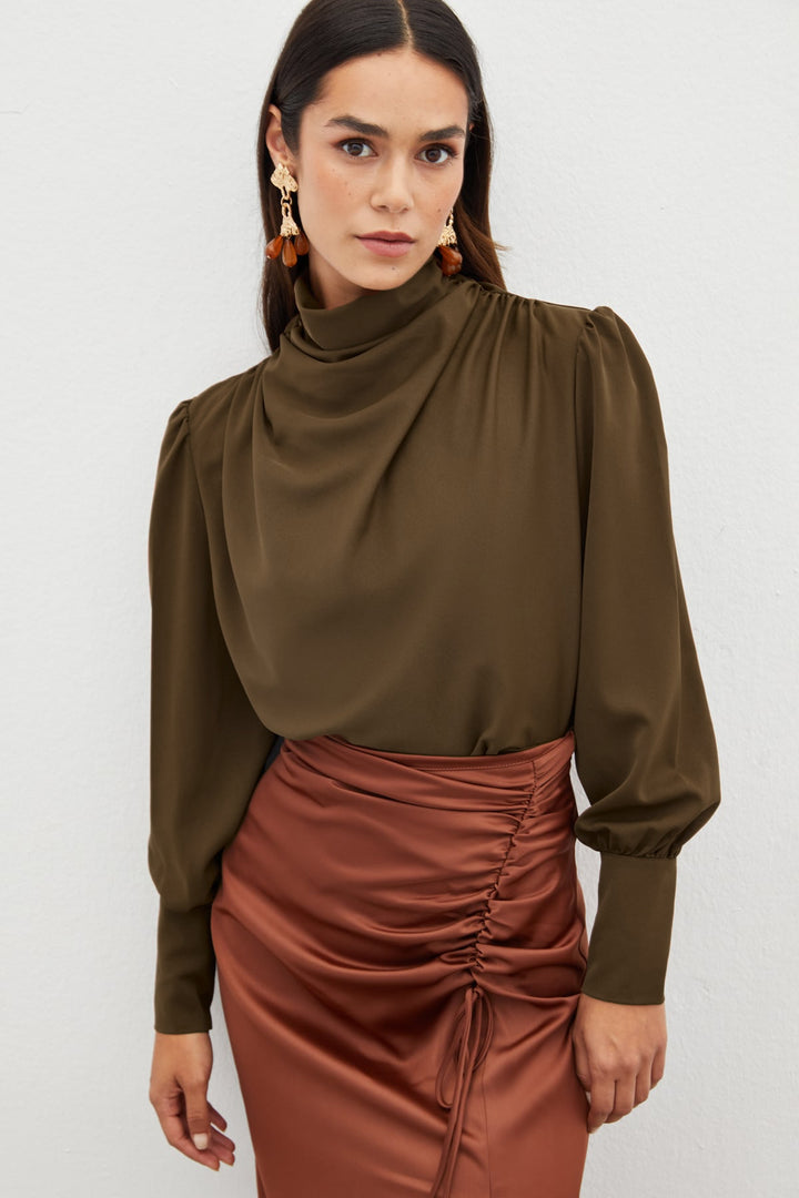 Sateen Blouse avec Détails Drapés - Marron