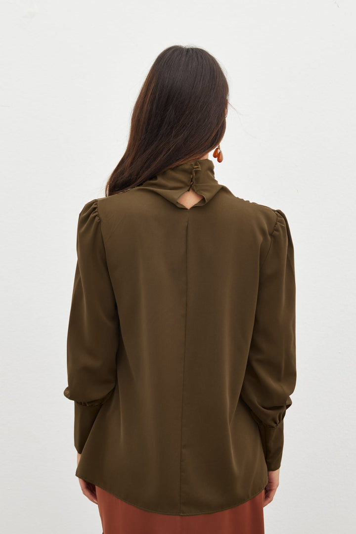Sateen Blouse avec Détails Drapés - Marron