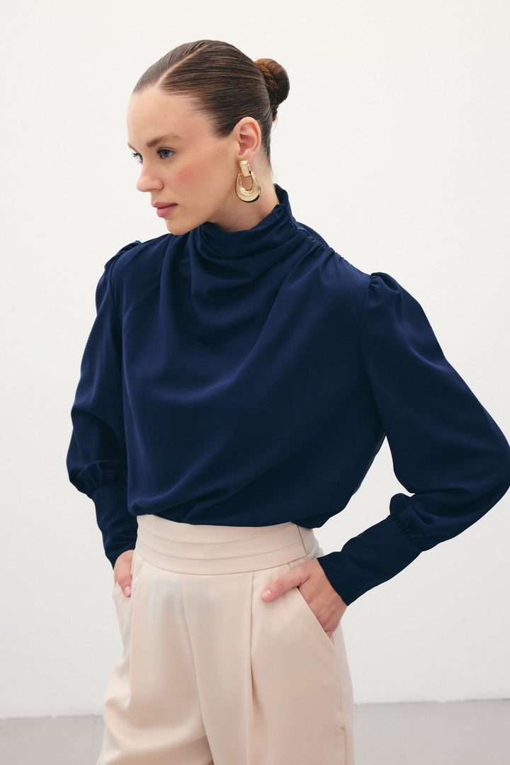 Sateen Blouse avec Détails Drapés - Bleu marine