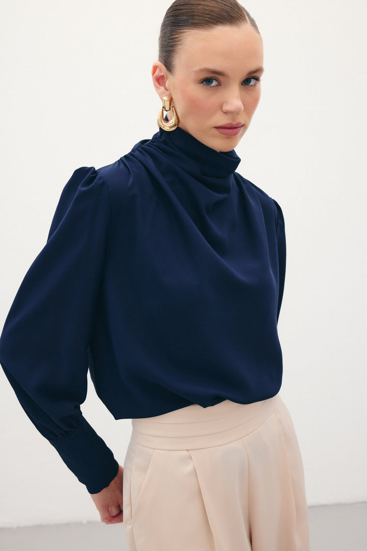 Sateen Blouse avec Détails Drapés - Bleu marine