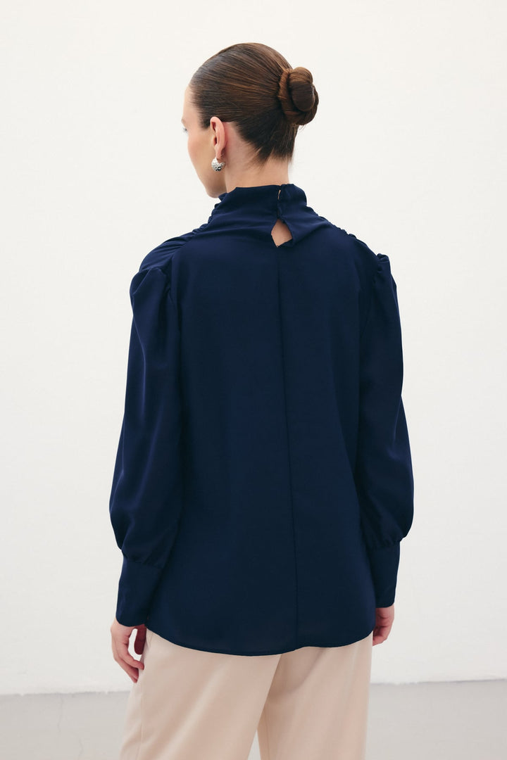Sateen Blouse avec Détails Drapés - Bleu marine