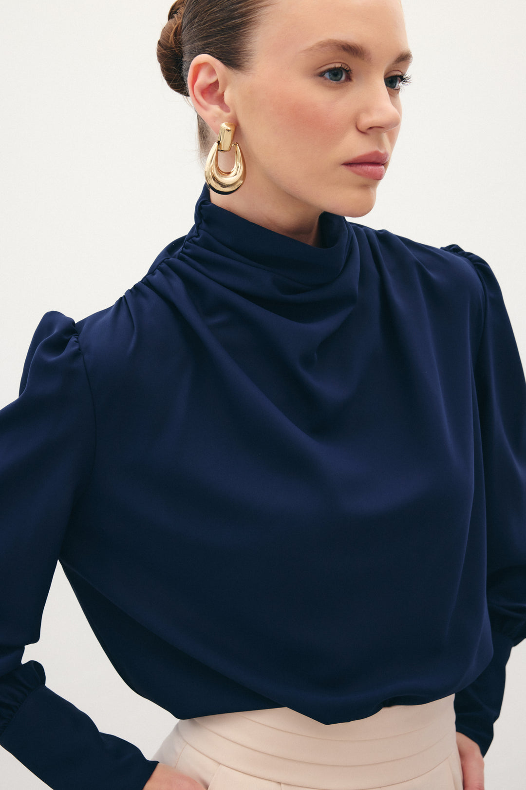 Sateen Blouse avec Détails Drapés - Bleu marine