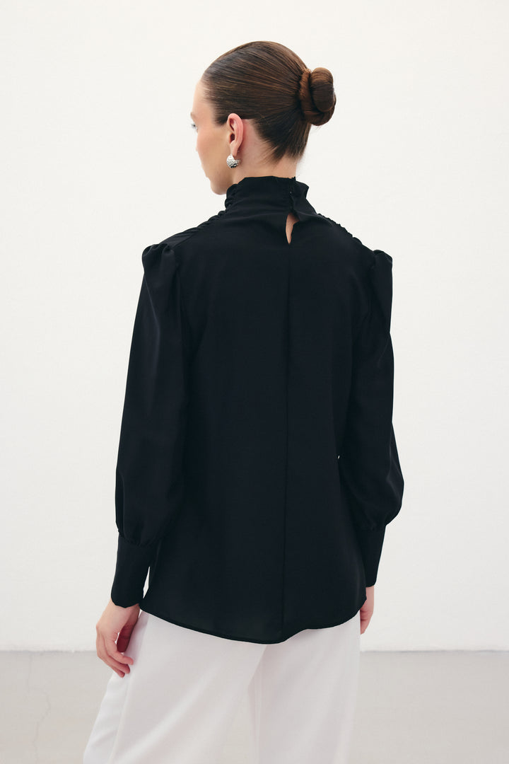 Sateen Blouse avec détails drapés - Noir