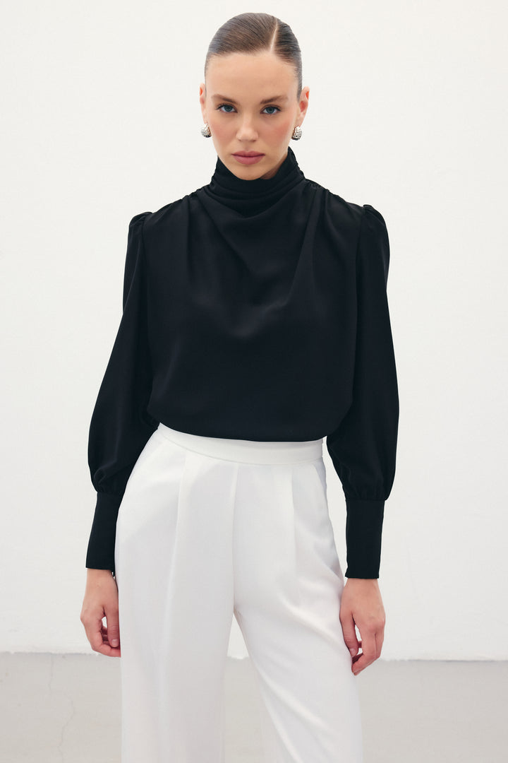 Sateen Blouse avec détails drapés - Noir