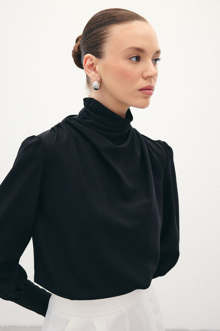 Sateen Blouse avec détails drapés - Noir