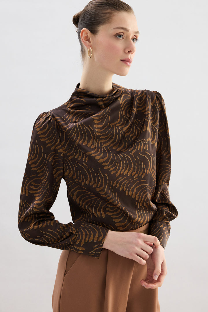Sateen Blouse imprimée avec détails drapés - Marron