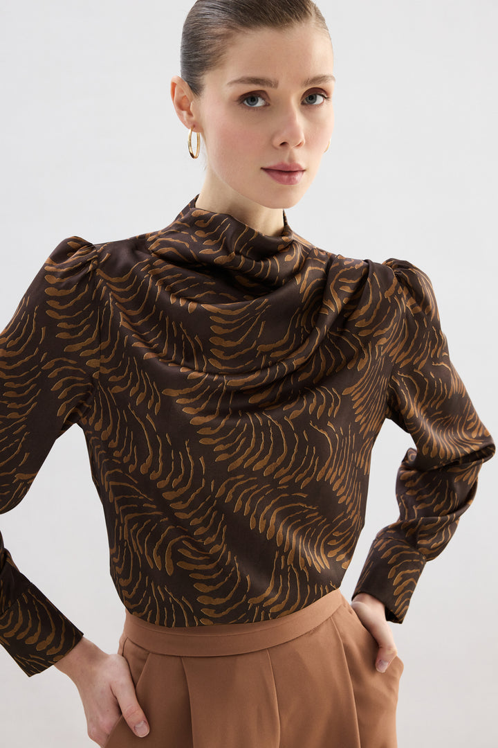 Sateen Blouse imprimée avec détails drapés - Marron
