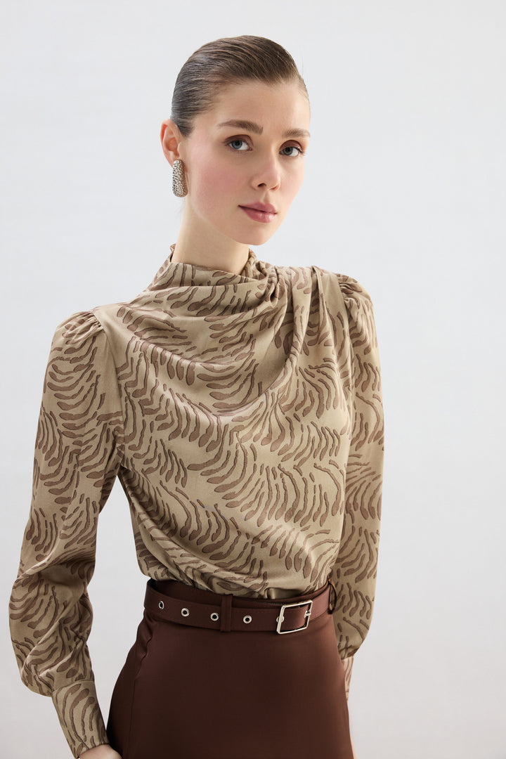 Sateen Blouse imprimée avec détails drapés - Vison