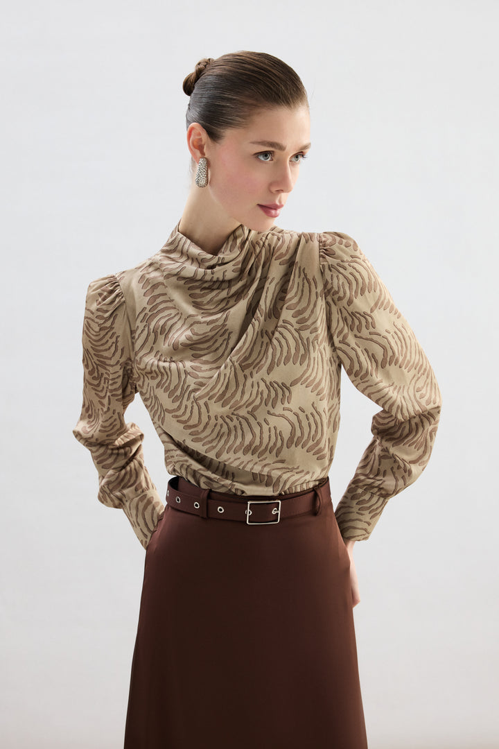 Sateen Blouse imprimée avec détails drapés - Vison