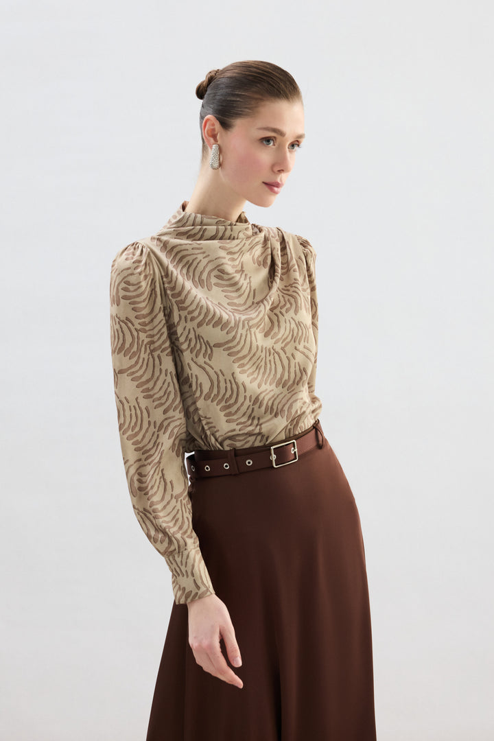 Sateen Blouse imprimée avec détails drapés - Vison