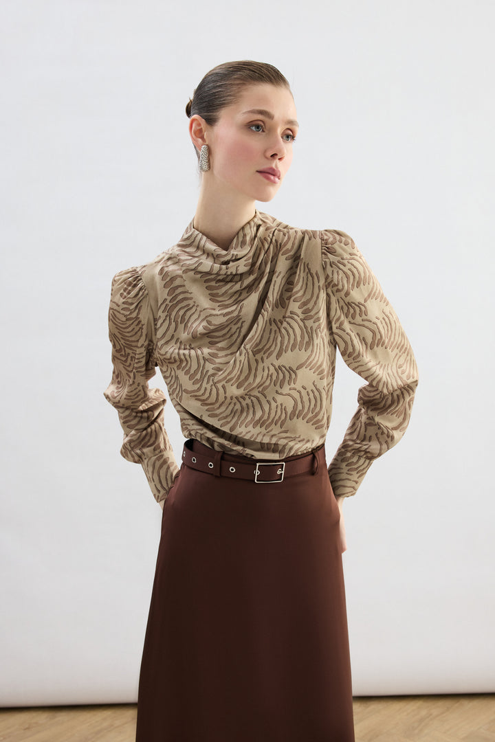 Sateen Blouse imprimée avec détails drapés - Vison