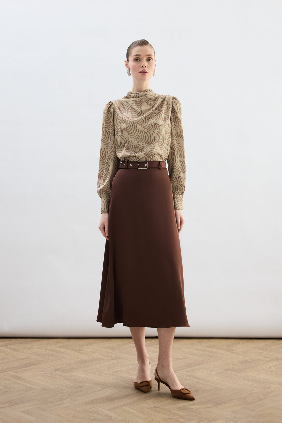 Sateen Blouse imprimée avec détails drapés - Vison