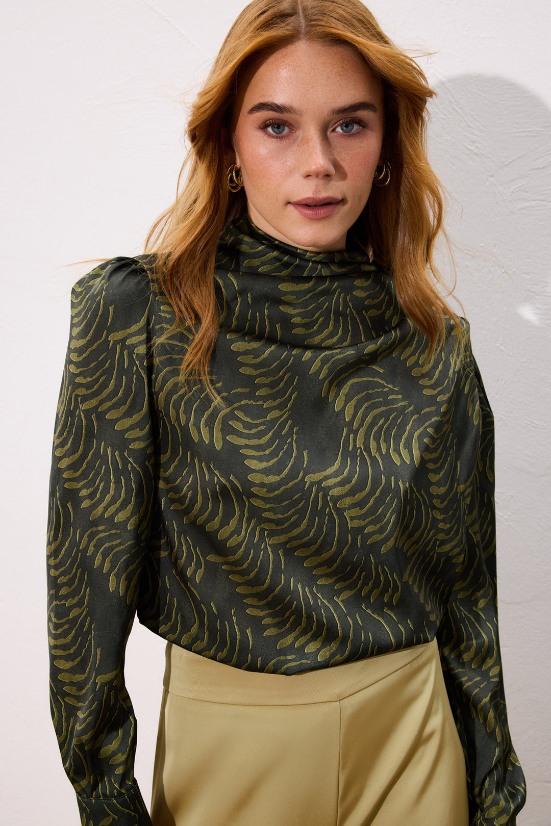 Sateen Blouse imprimée avec détails drapés - Vert