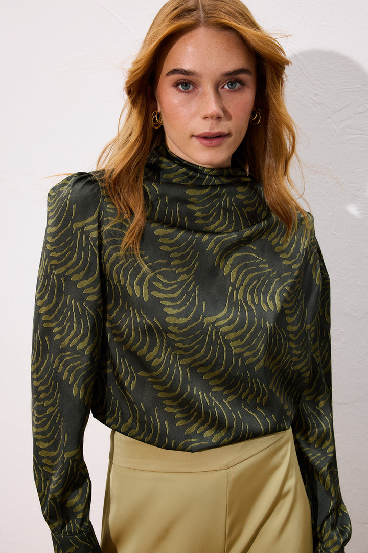 Sateen Blouse imprimée avec détails drapés - Vert