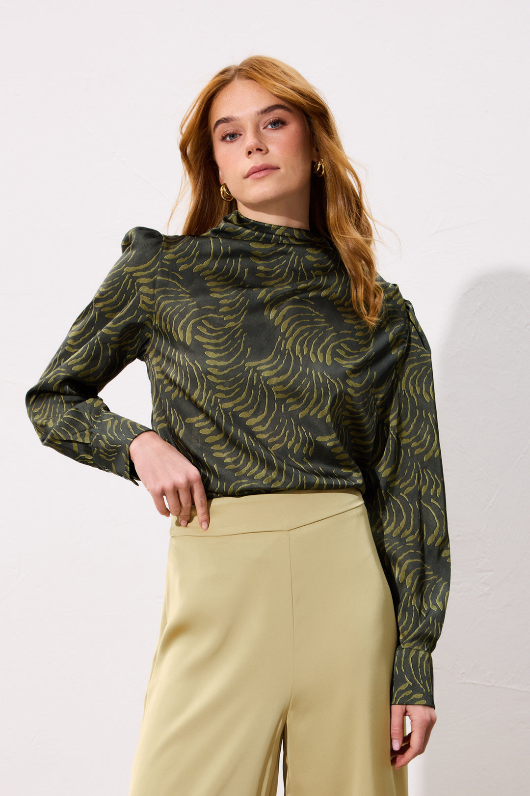 Sateen Blouse imprimée avec détails drapés - Vert