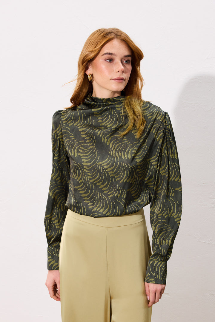 Sateen Blouse imprimée avec détails drapés - Vert