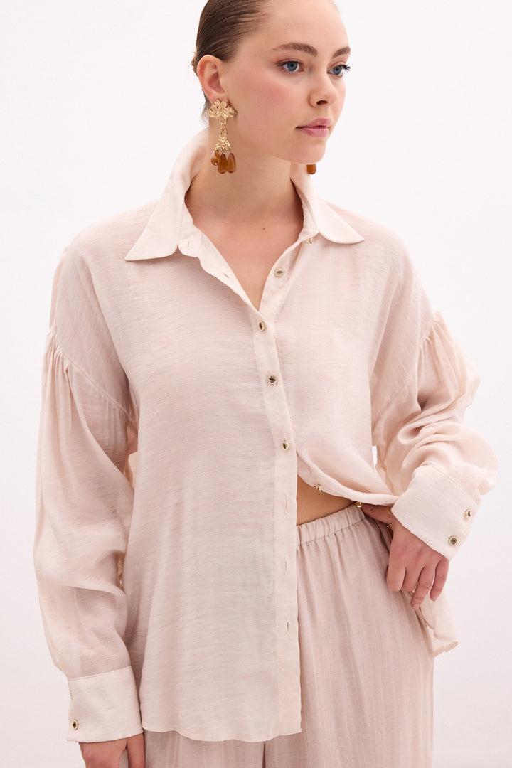 Sateen Chemisier Fin avec Accessoire de Bouton - Pierre