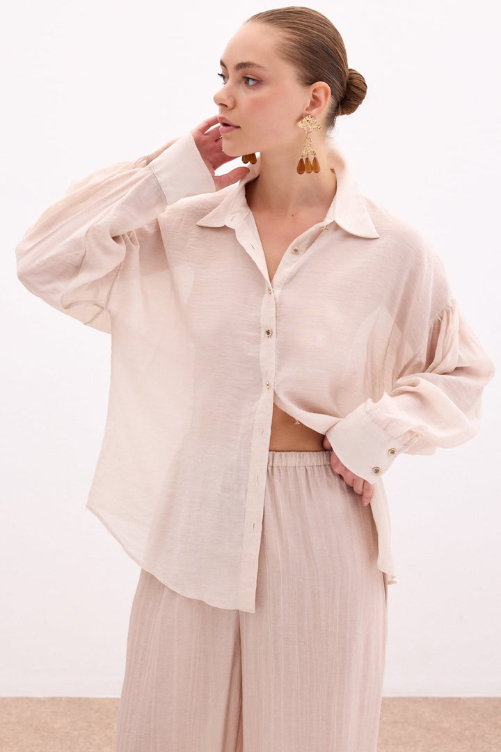 Sateen Chemisier Fin avec Accessoire de Bouton - Pierre