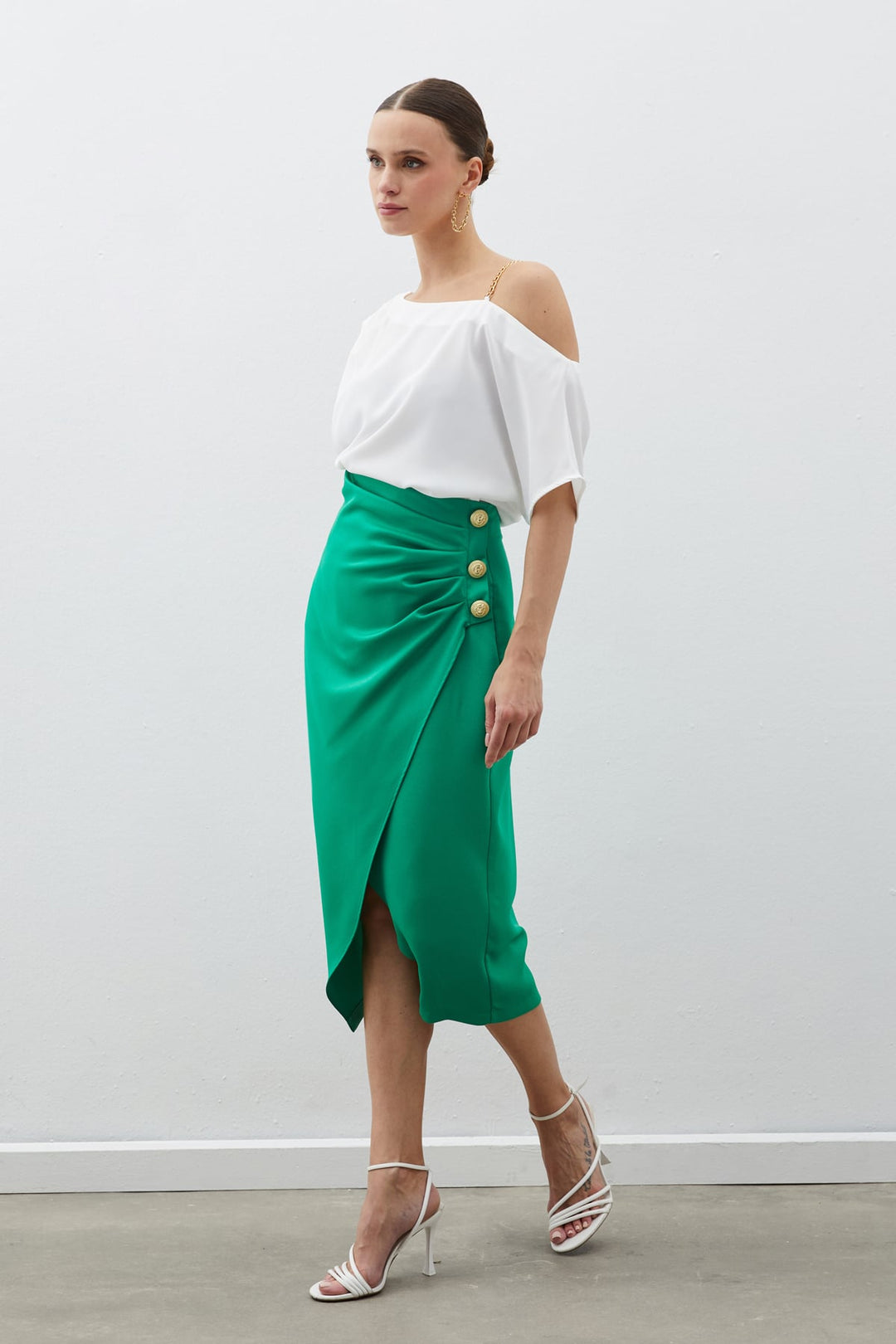 Sateen Jupe en crêpe satinée avec accessoires de boutons - Vert