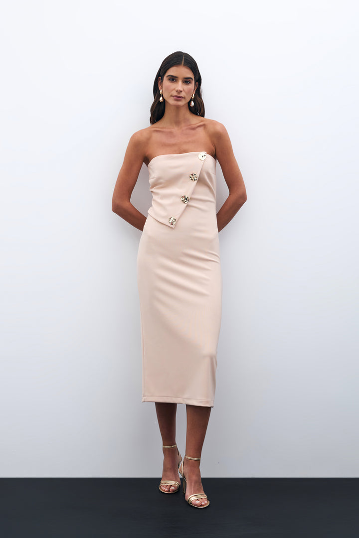 Sateen Robe bustier avec accessoires à boutons - Beige