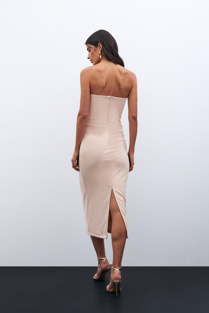 Sateen Robe bustier avec accessoires à boutons - Beige