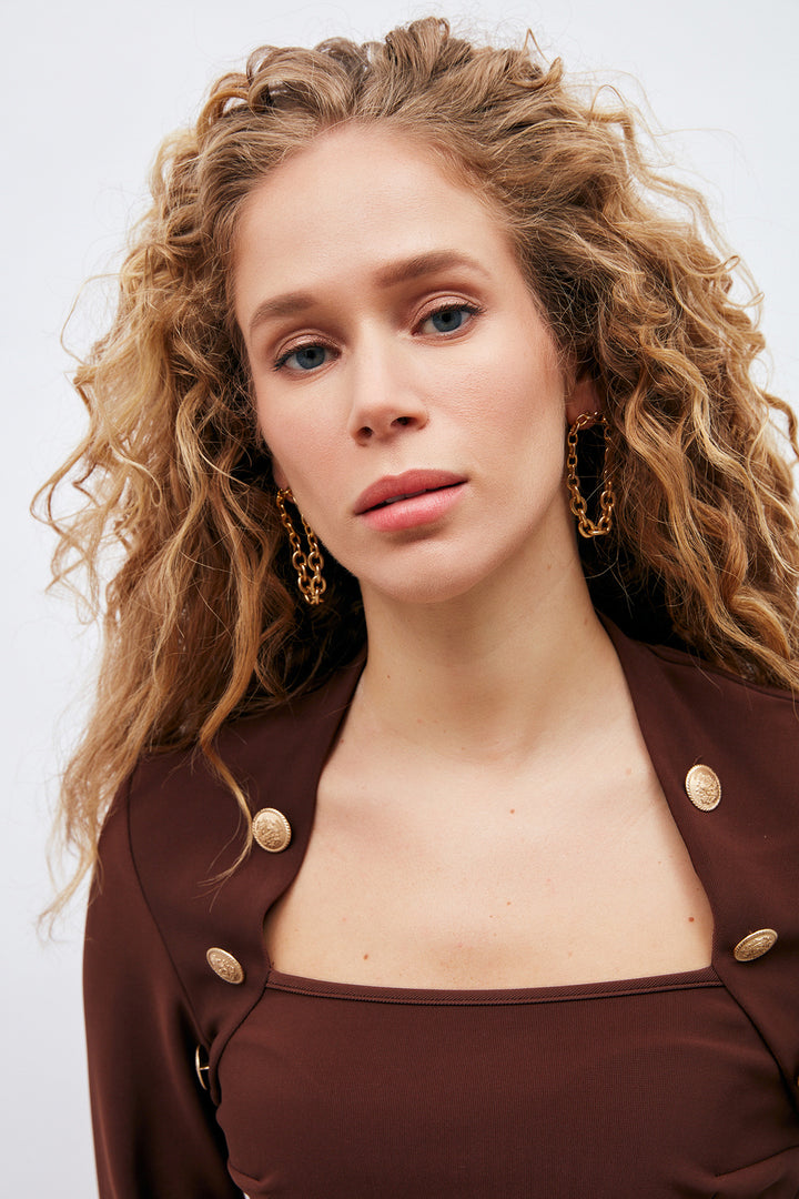 Sateen Blouse à Détails de Boutons - Marron