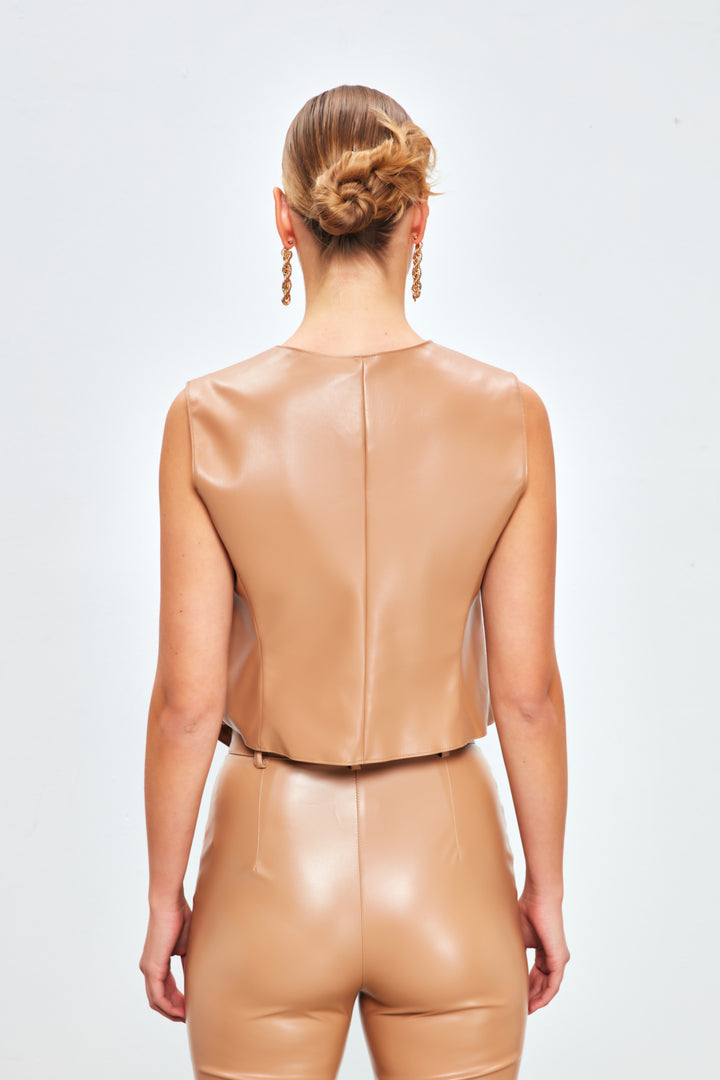 Sateen Gilet en cuir avec détails de boutons - Beige