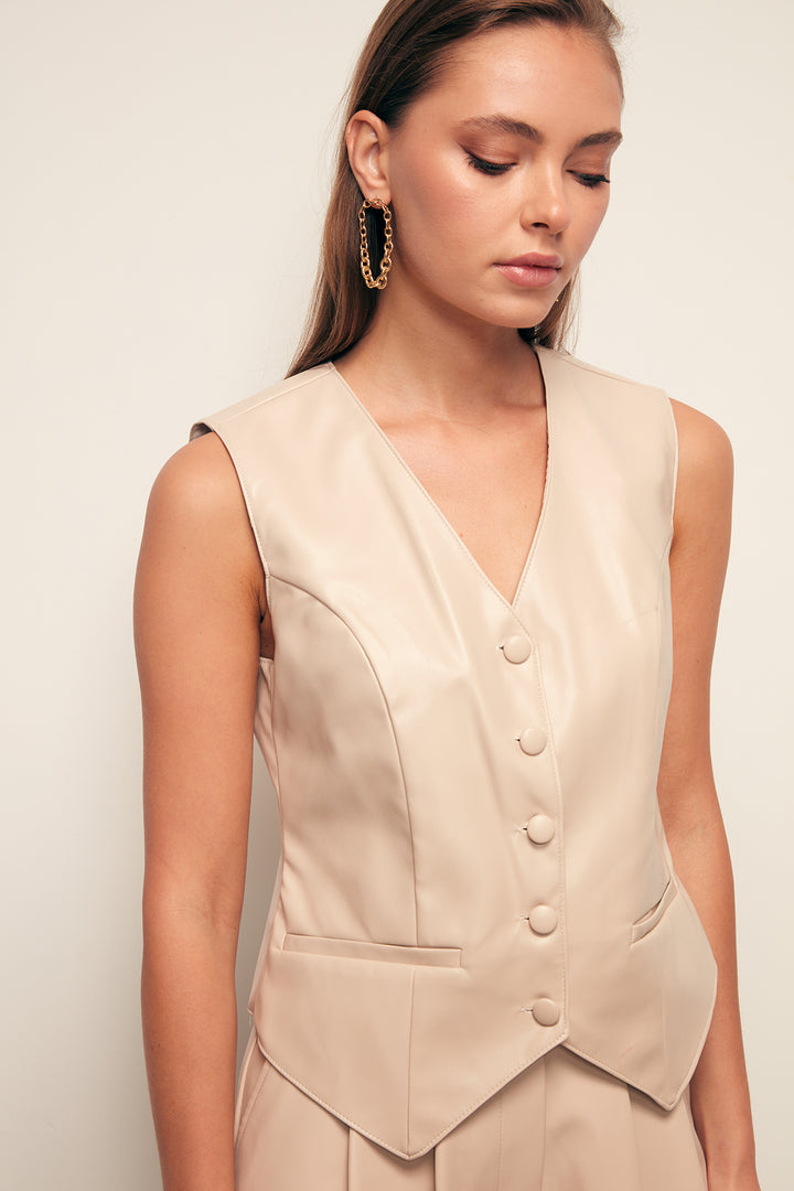 Sateen Gilet en cuir avec détails de boutons - Pierre